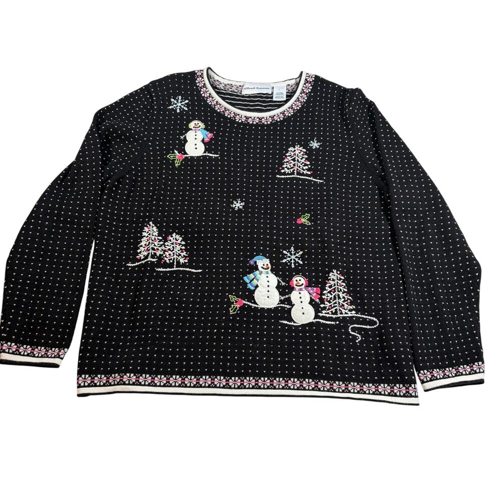 Alfred Dunner womens black dot snowman winter sweater beads. Size L Christmas